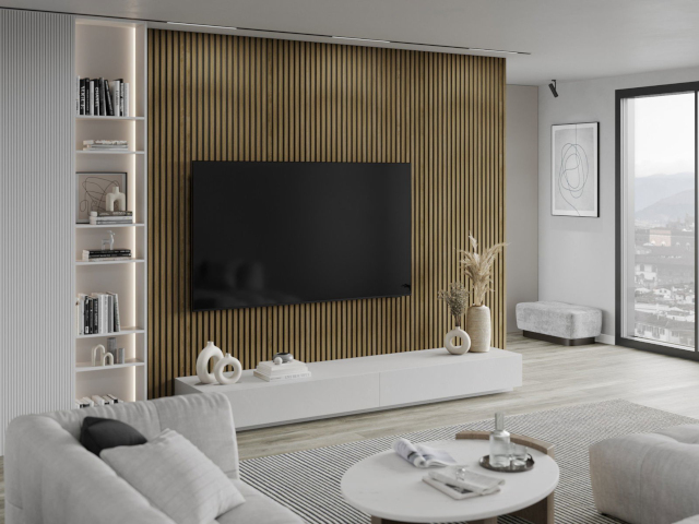 přírodní dubové lamely v obývacím pokoji