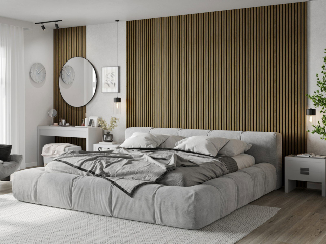 dubové lamely ve stěně v ložnici