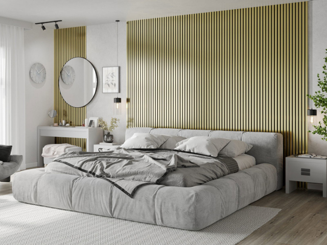 Zlaté stěnové lamely v ložnici