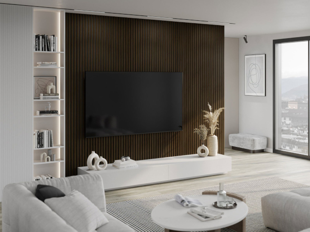 Nástěnné lamely wenge v obývacím pokoji