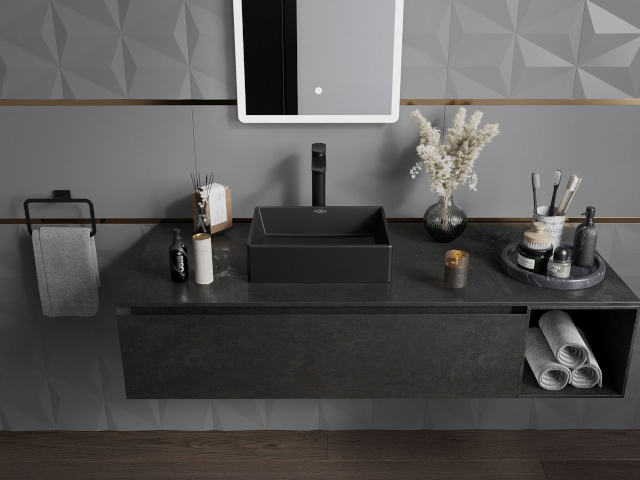 Stylová skříňka pod umyvadlo černá v aranžmá koupelny