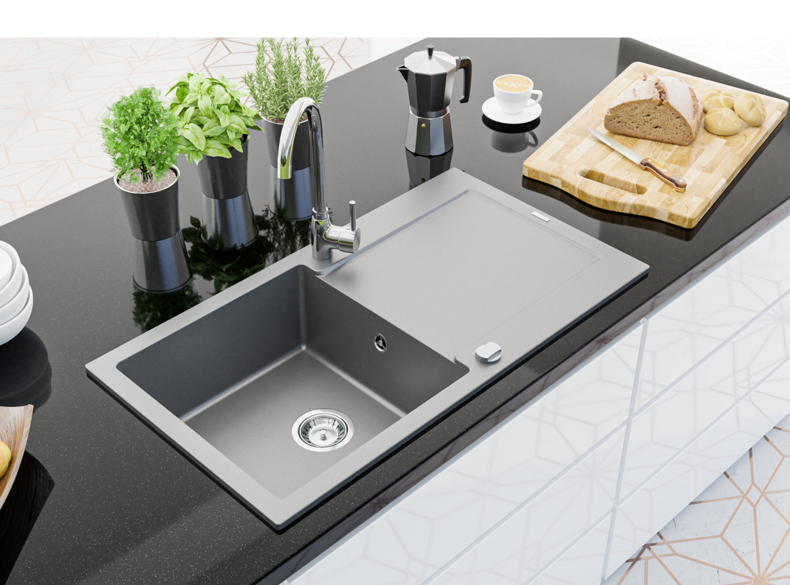 Granitové dřezy s baterií zapuštěné do pracovní desky