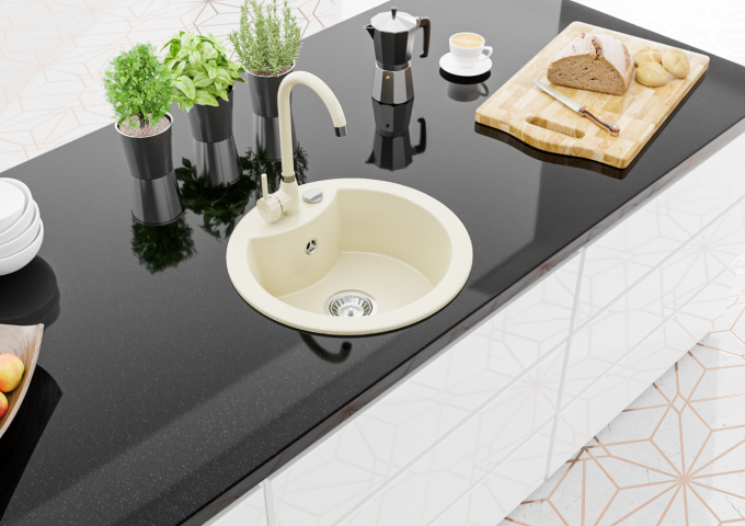 Granitové dřezy s baterií, kulaté