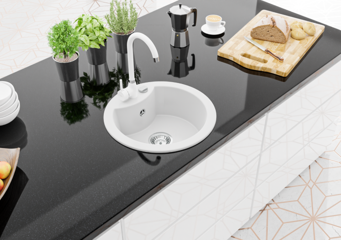 Granitové dřezy s baterií, kulaté