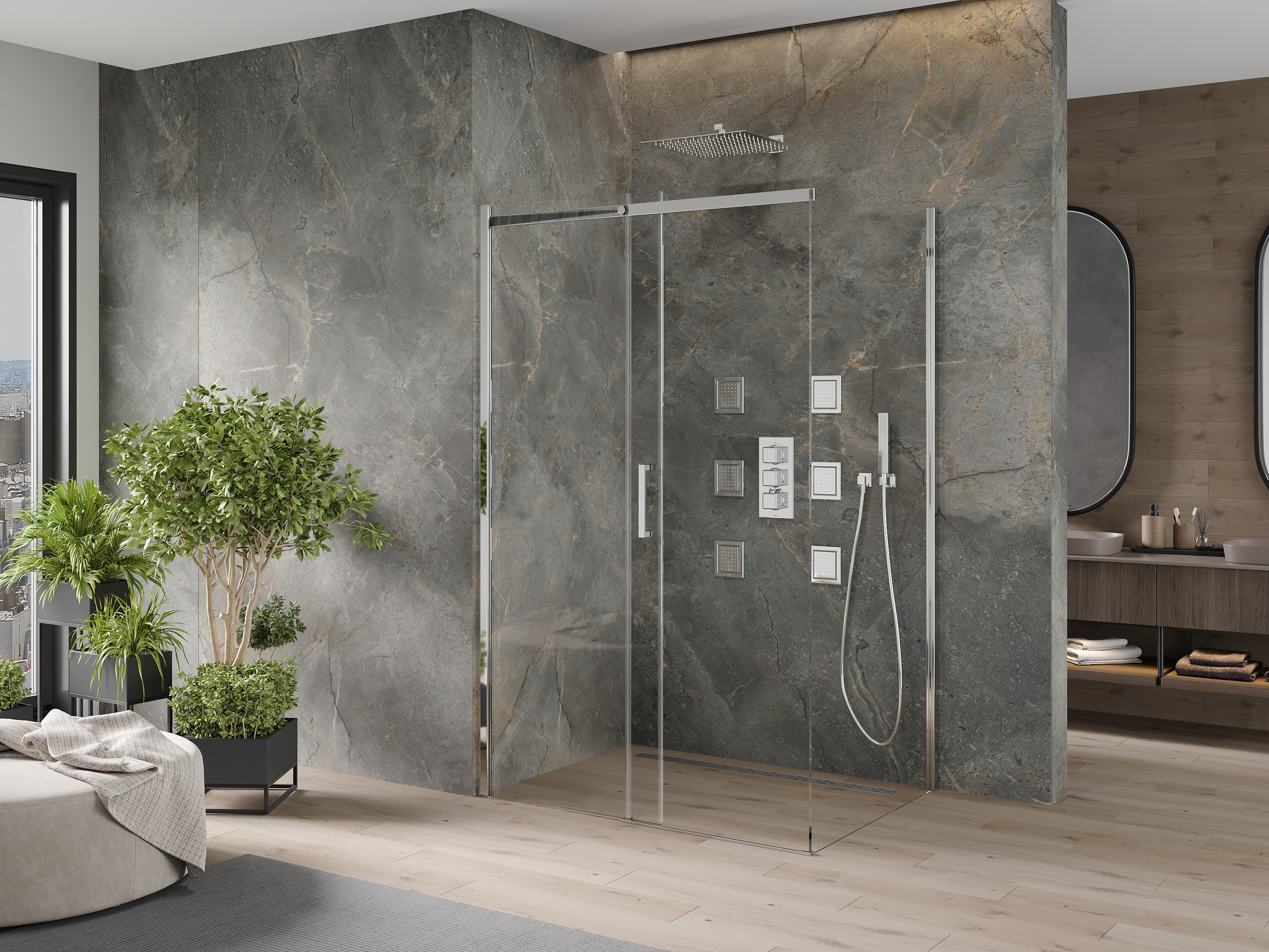 Minimalistická sprchová kabina z kamene