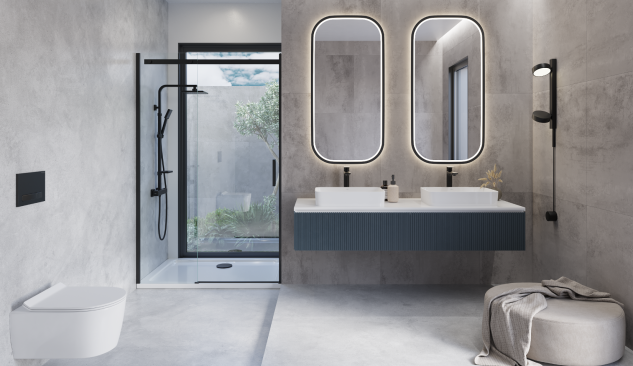 Moderní koupelna se dvěma umyvadly na desce