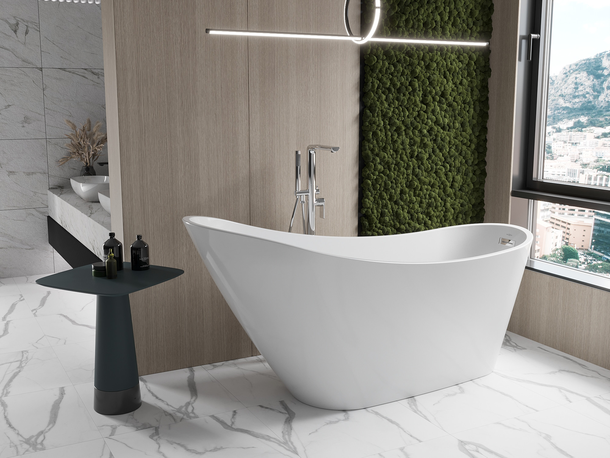 Útulná koupelna v barvách Země - stěna z mechu