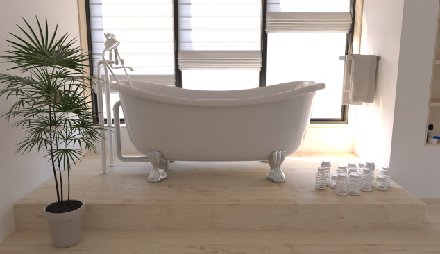 Dřevěná podlaha v bílé koupelně