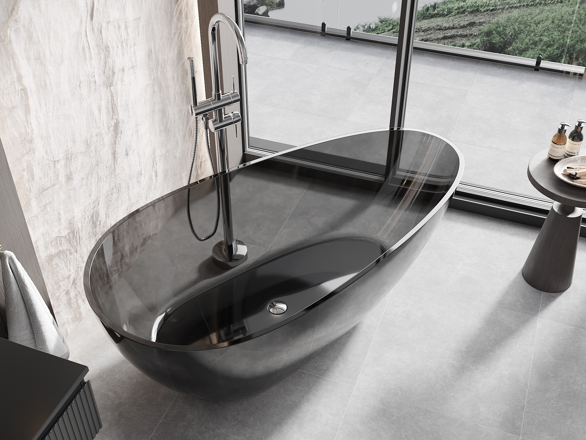 Průhledná vana z pryskyřice v koupelně