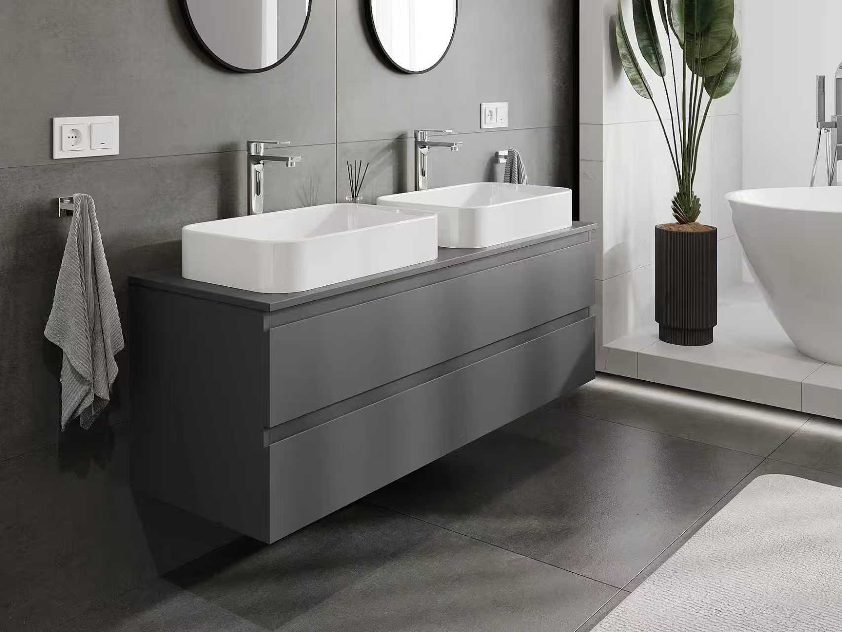 Antracitová koupelnová skříňka se dvěma umyvadly