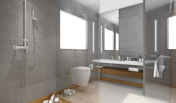 Stylová koupelna se zapuštěným sprchovým systémem