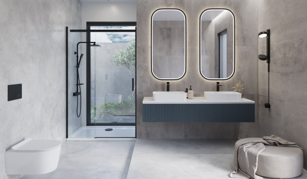 Moderní koupelna se dvěma umyvadly na desce