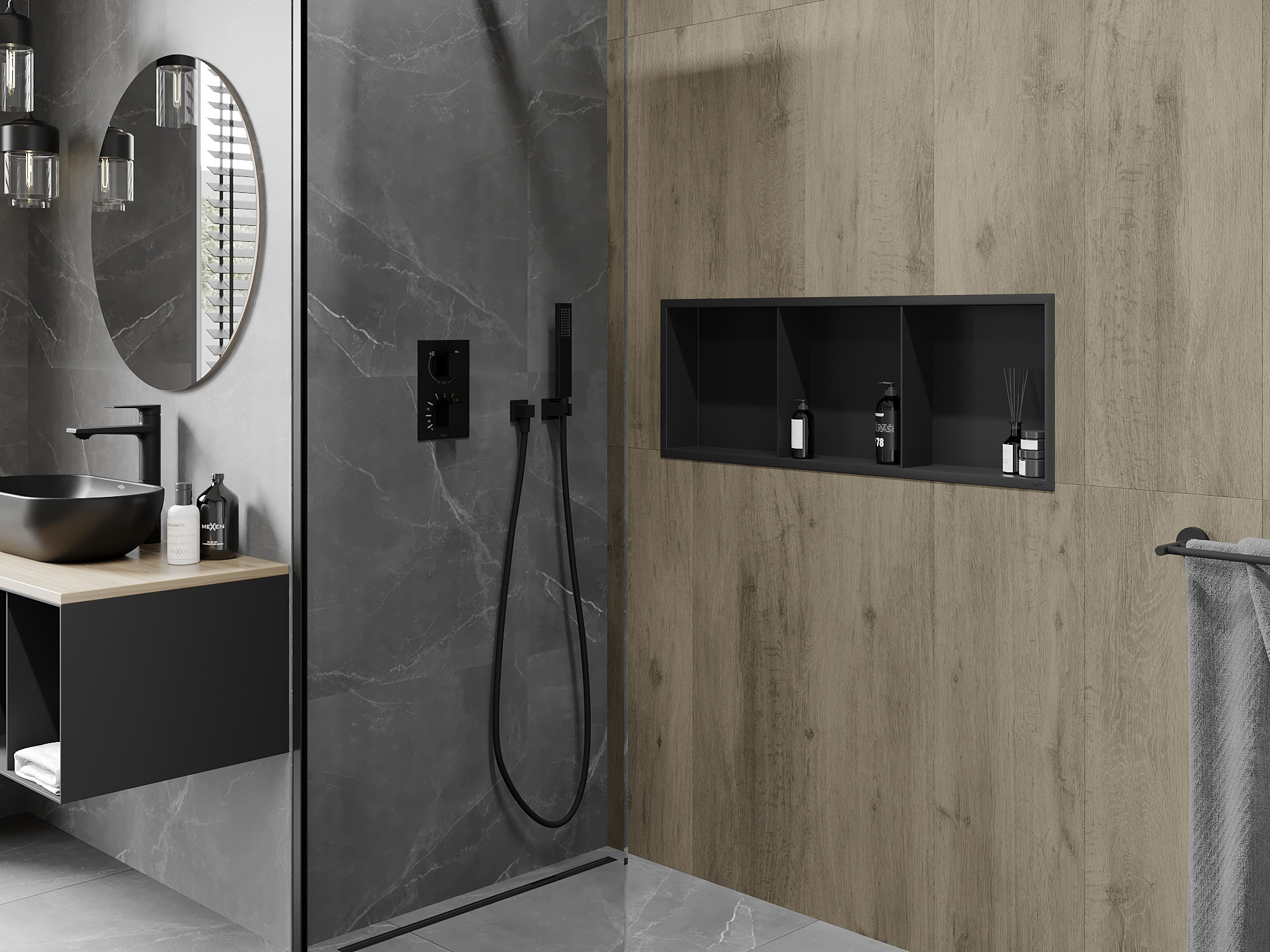 Industriální koupelna s vestavěnou poličkou do sprchy