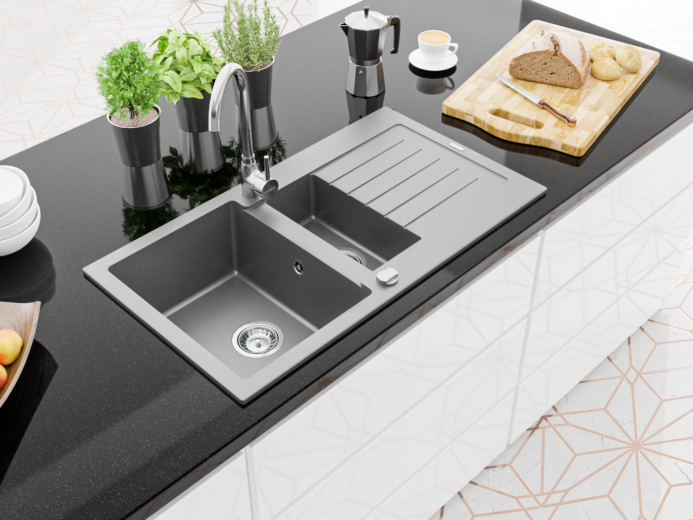 Bílá, černá, šedá v moderní kuchyni