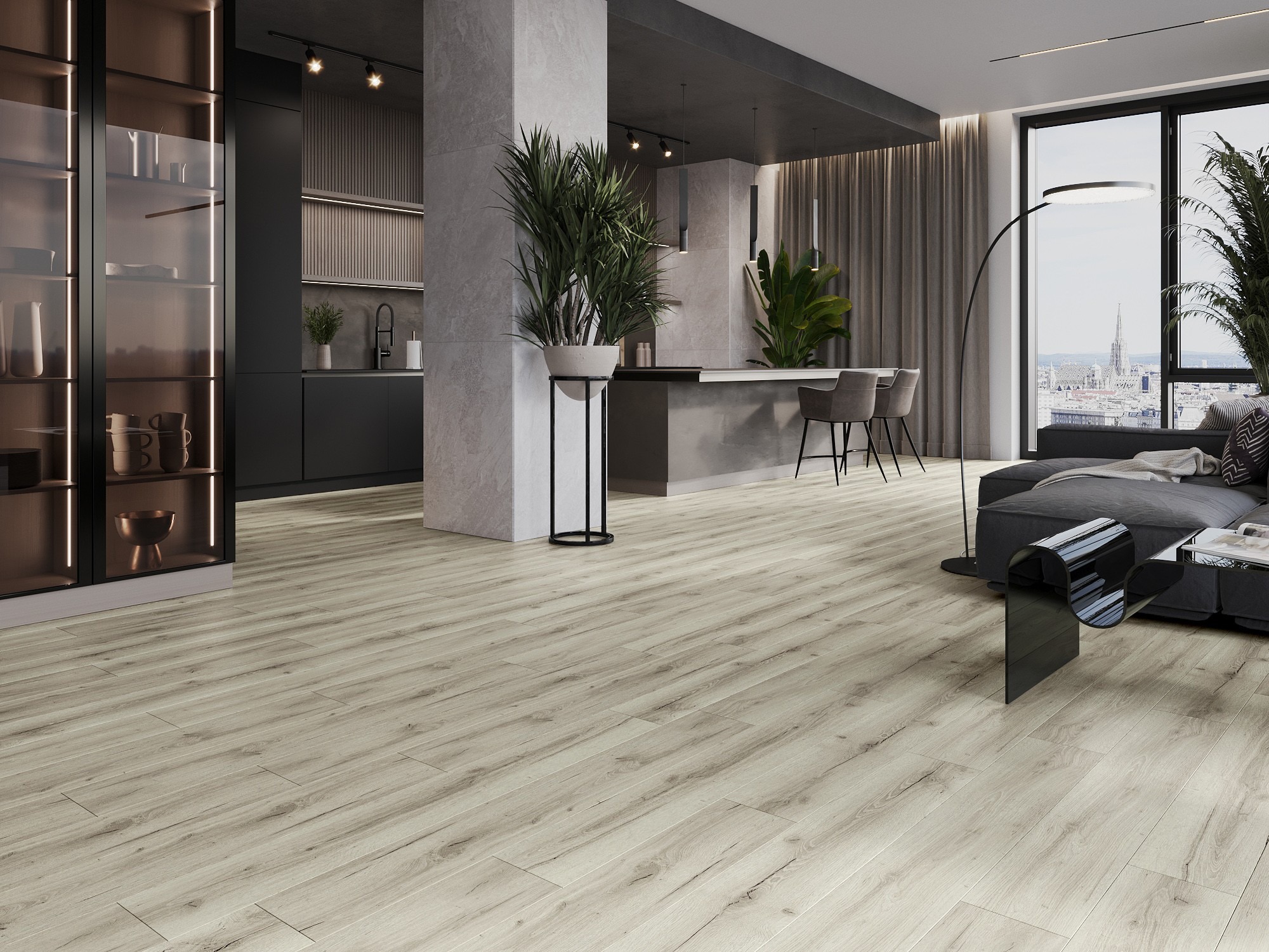 Luxusní vinylové panely v kuchyni a obývacím pokoji