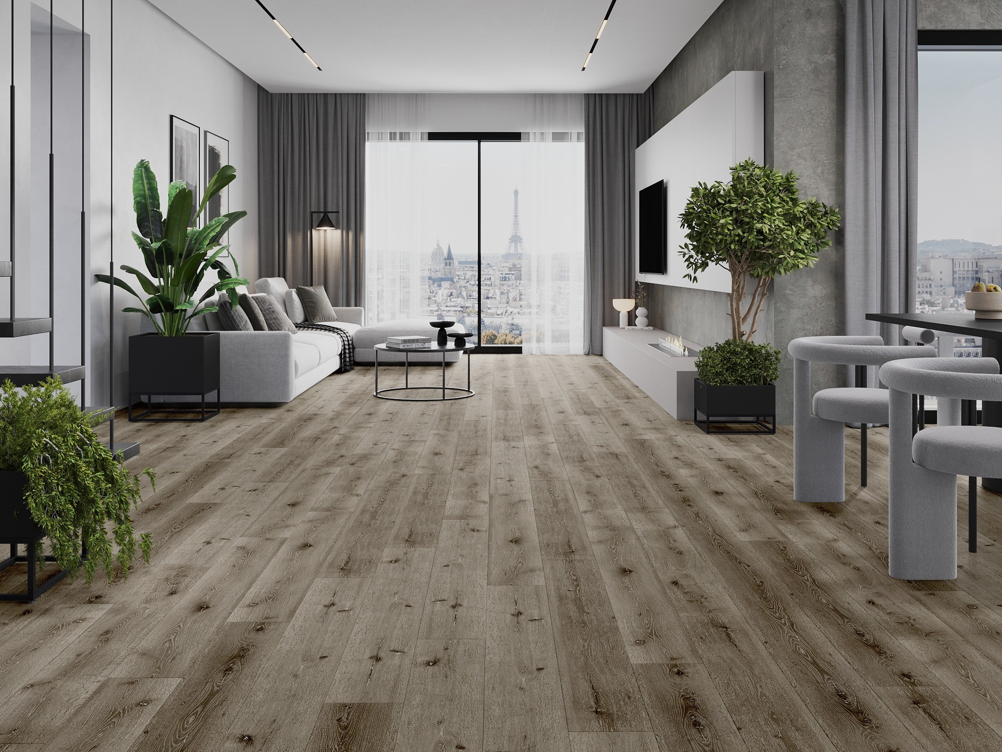 Moderní obývací pokoj s podlahou imitující dřevo